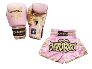 Kanong ムエタイ パンツ + グローブ ボクシング： セット 121-ピンク