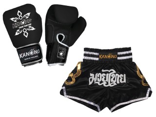 Kanong ムエタイ パンツ + グローブ ボクシング：  Set-143-Gloves-黒