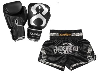 Kanong ムエタイ パンツ + グローブ ボクシング： Set-144-Gloves-黒-銀