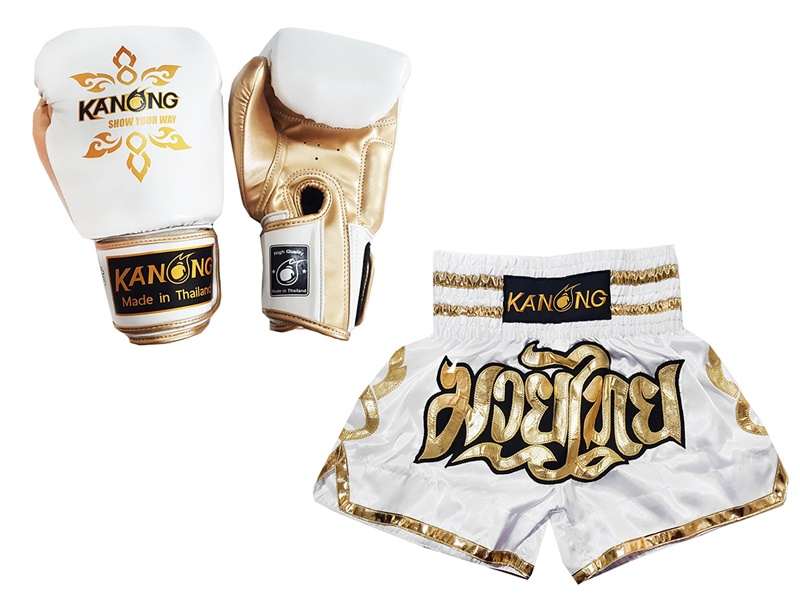 Kanong ムエタイ パンツ + グローブ ボクシング： セット 121-白 | ムエタイ 用品 JapanMuayThai.com