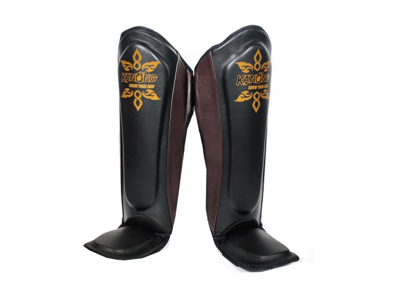 Kanong レッグガード 茶色/黒 ムエタイ 用品 Fairtex タイ式ボクシング すね当て プロテクター 保護 L