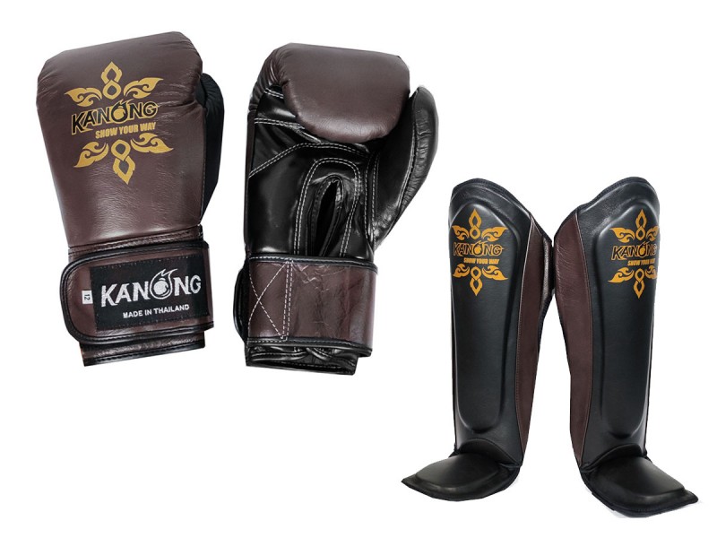 Kanong 本革ムエタイグローブ + レッグガード : Brown/黒 | ムエタイ 